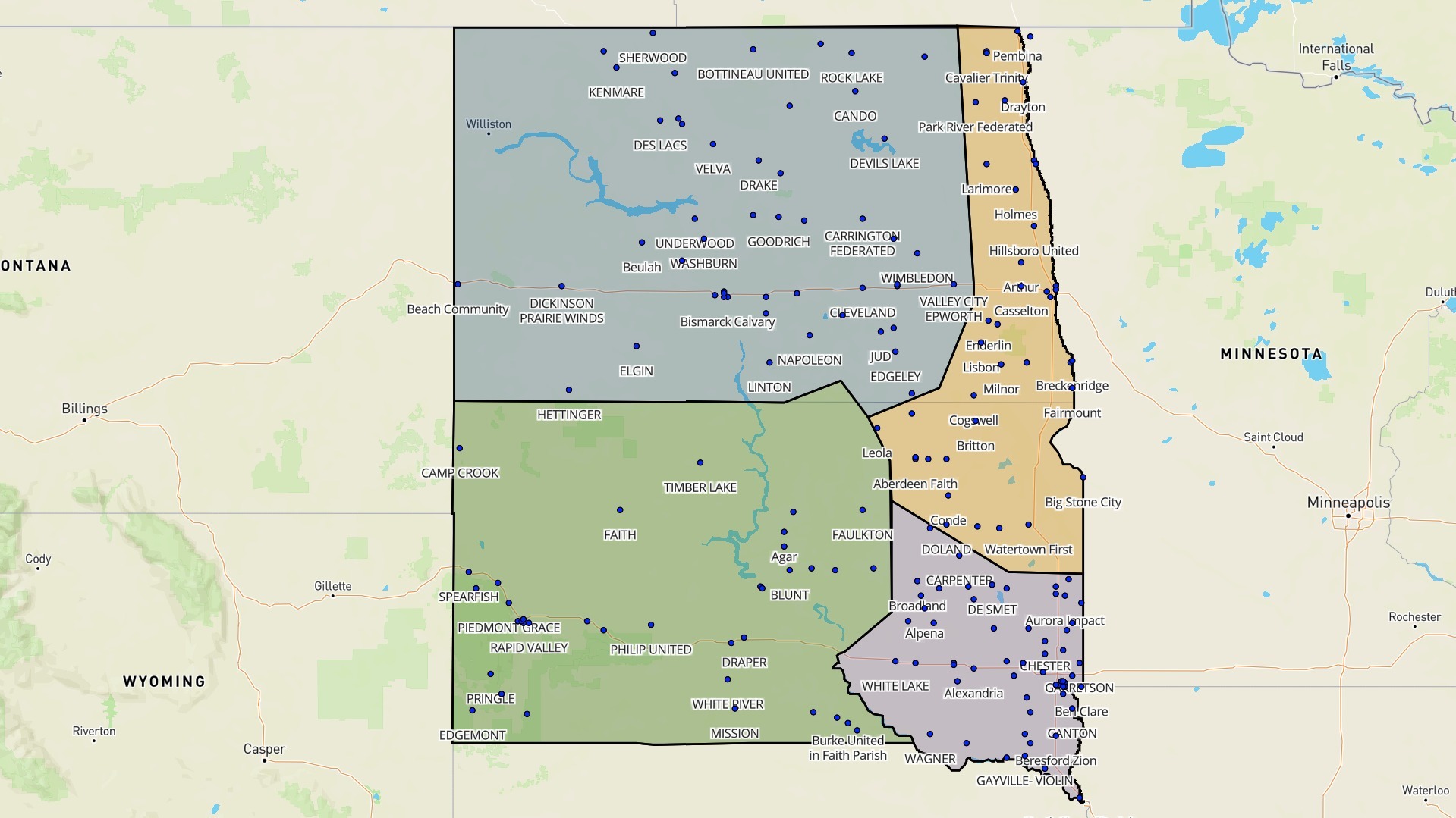 Dakotas Conference Map With District Boundaries